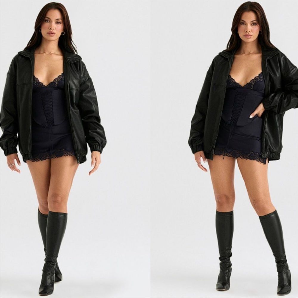 HOUSE OF CB 'Larissa' Black Vegan Leather Oversized Bomber Jacket NWOT